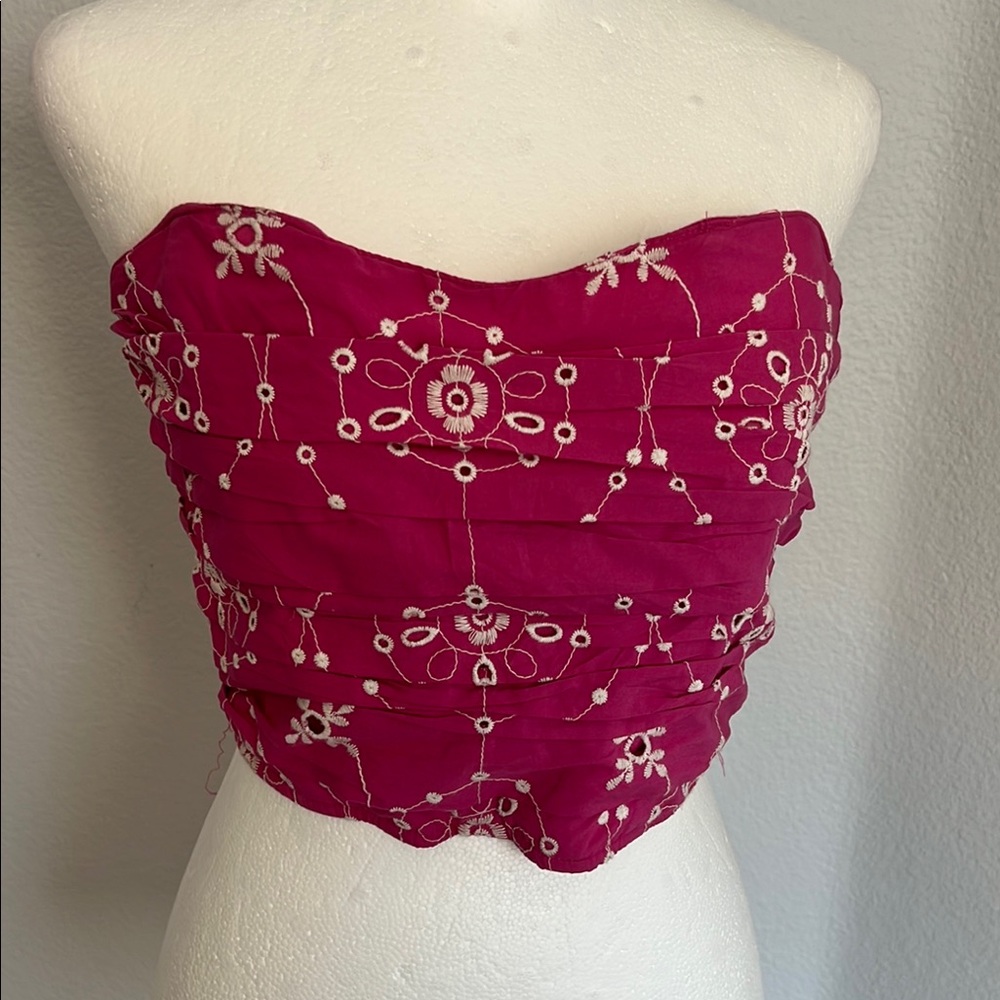 Zara Hot Pink and White Embroidered Corset Bustier Top Size Small